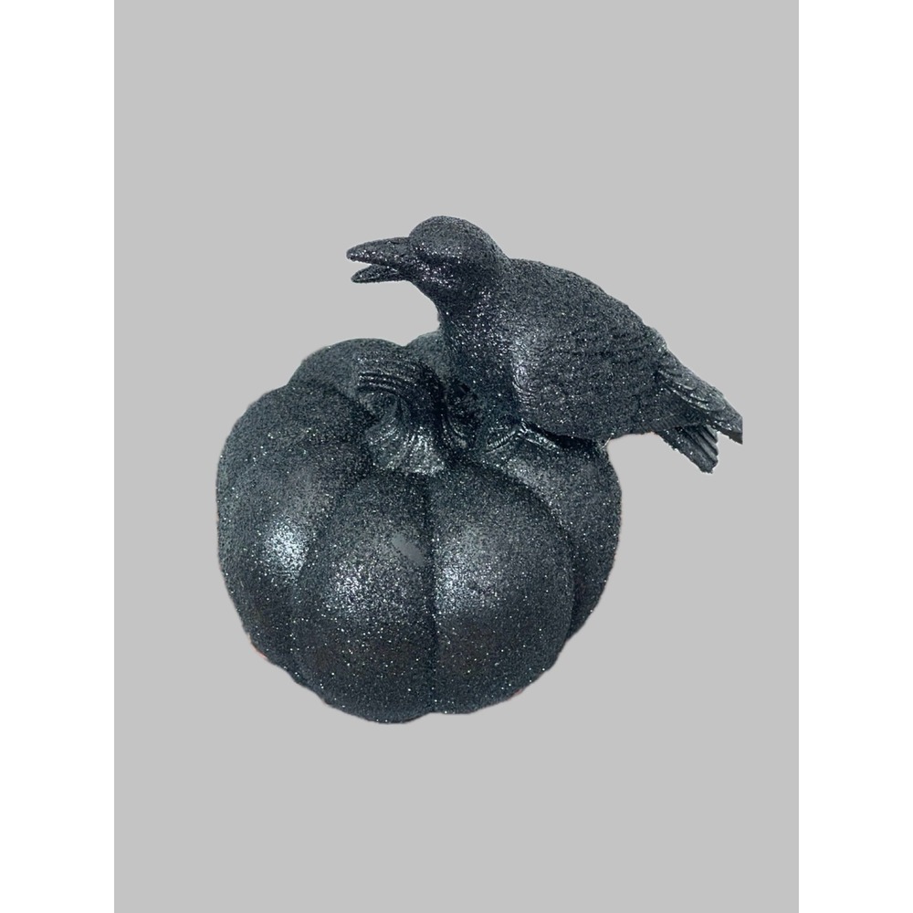 Asia Sourcing Black Glitter Raven Crow Sitting on Pumpkin Figurine Gothic Decor